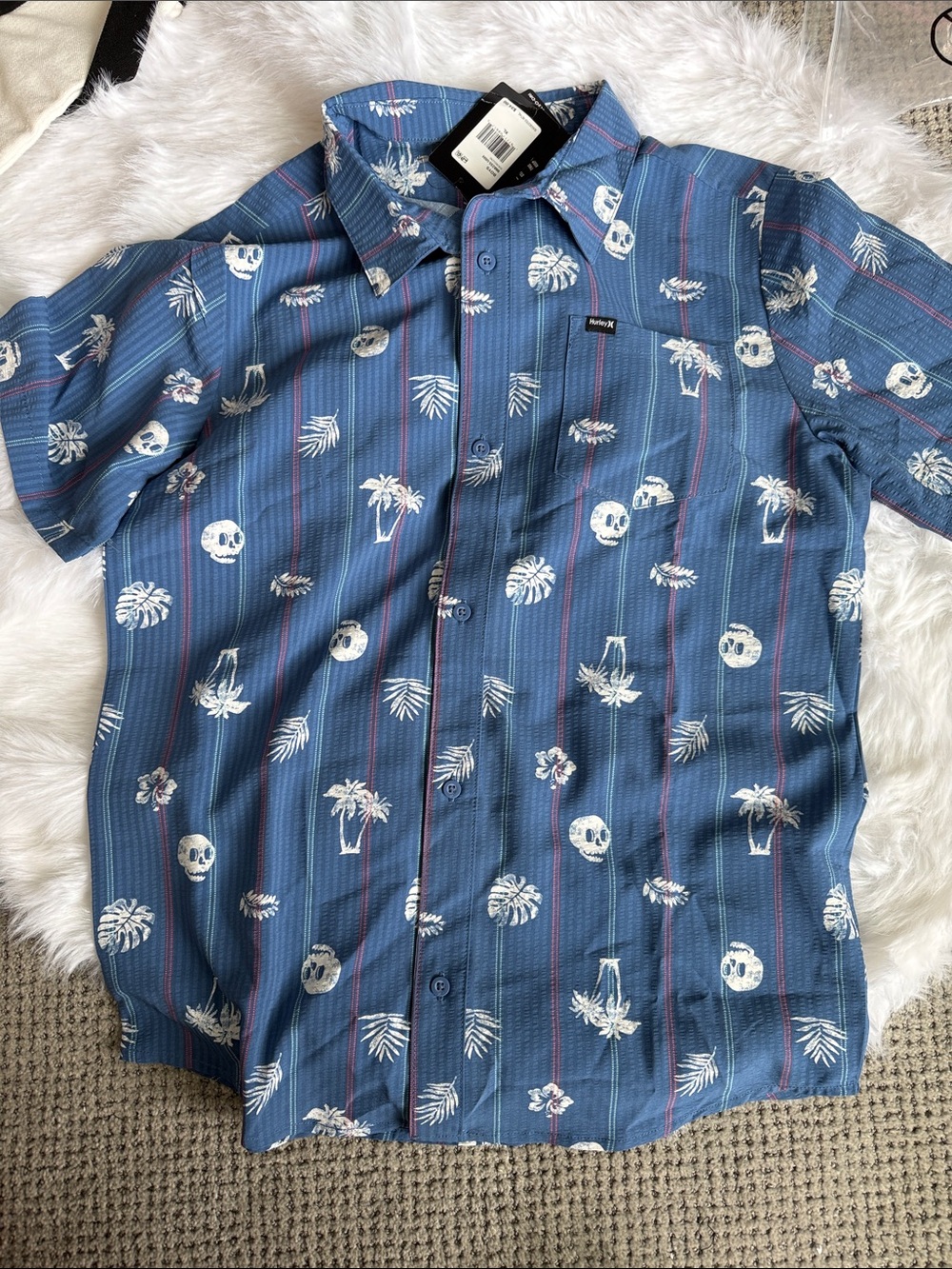 Hurley Boys Reef Blue Short-Sleeve Tropical Button-Up Shirt with White Motifs